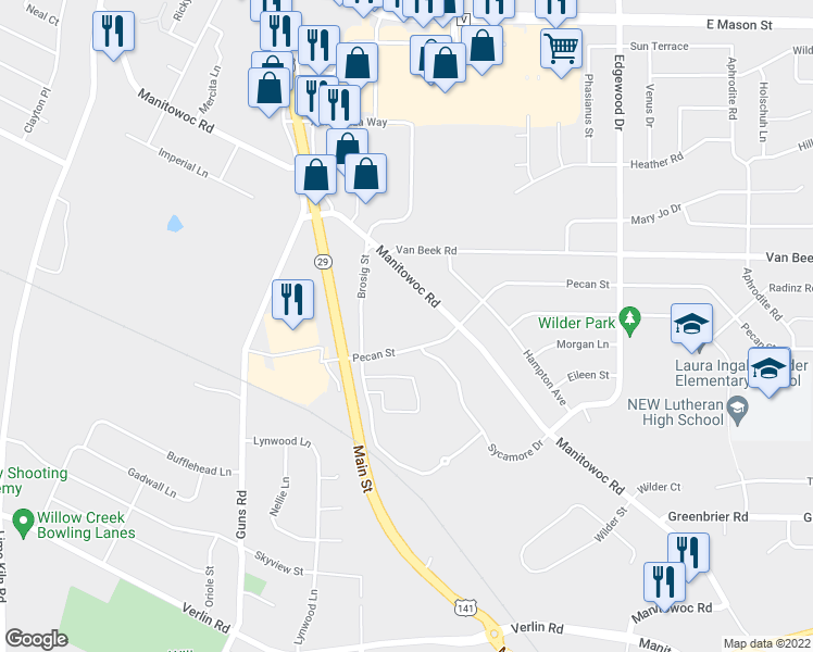 map of restaurants, bars, coffee shops, grocery stores, and more near 2350 Manitowoc Road in Green Bay
