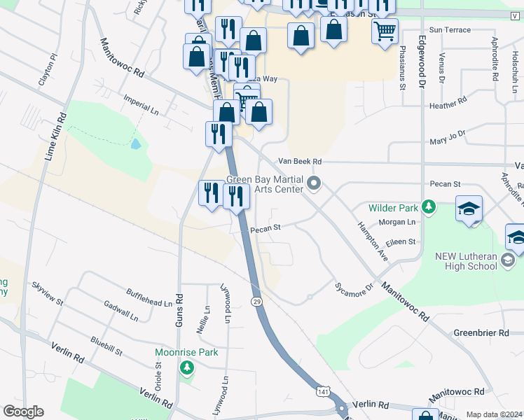 map of restaurants, bars, coffee shops, grocery stores, and more near 1157 Brosig Street in Green Bay