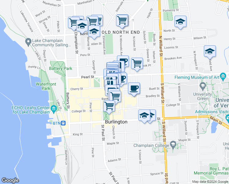 map of restaurants, bars, coffee shops, grocery stores, and more near 52 Church Street in Burlington