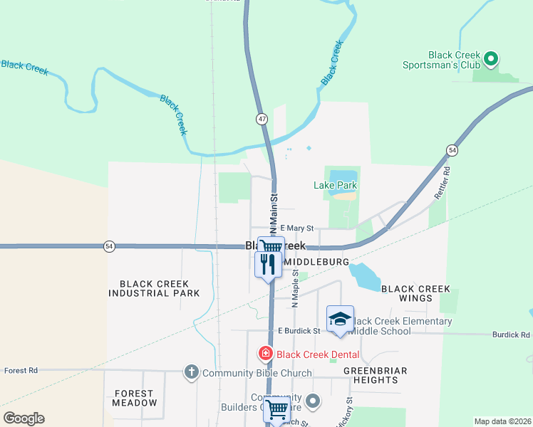 map of restaurants, bars, coffee shops, grocery stores, and more near 507 North Main Street in Black Creek