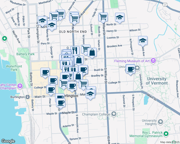 map of restaurants, bars, coffee shops, grocery stores, and more near in Burlington