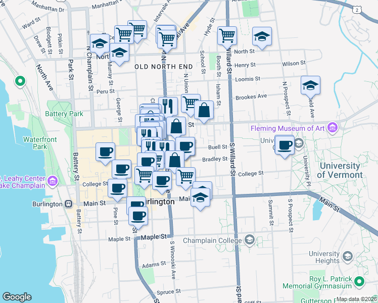 map of restaurants, bars, coffee shops, grocery stores, and more near in Burlington