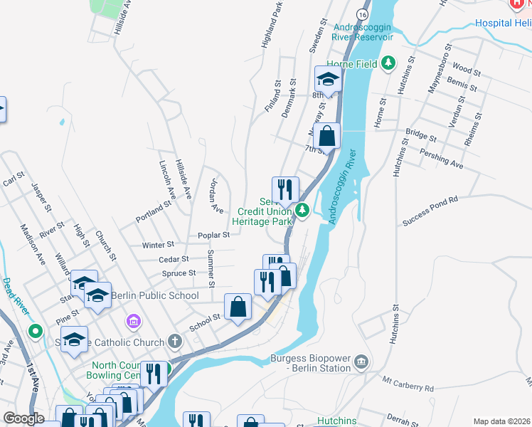 map of restaurants, bars, coffee shops, grocery stores, and more near 111 Maple Street in Berlin