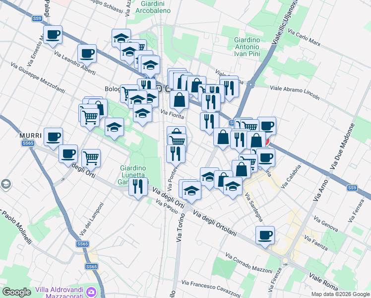 map of restaurants, bars, coffee shops, grocery stores, and more near 2-6 Via del Perugino in Bologna