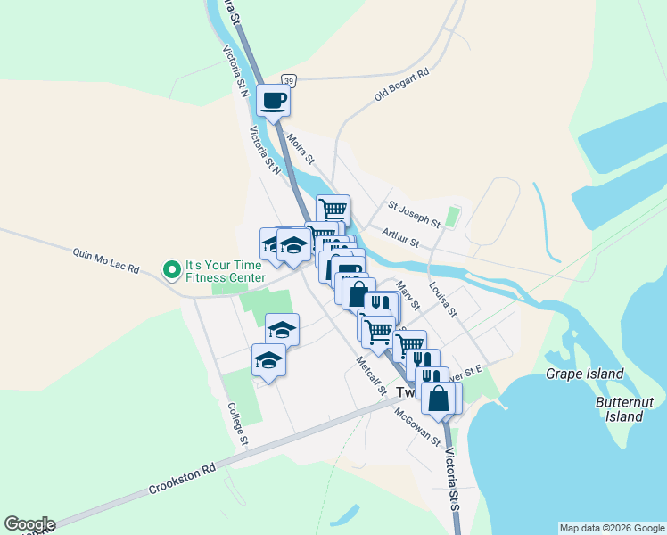 map of restaurants, bars, coffee shops, grocery stores, and more near 345 Victoria Street North in Hastings County