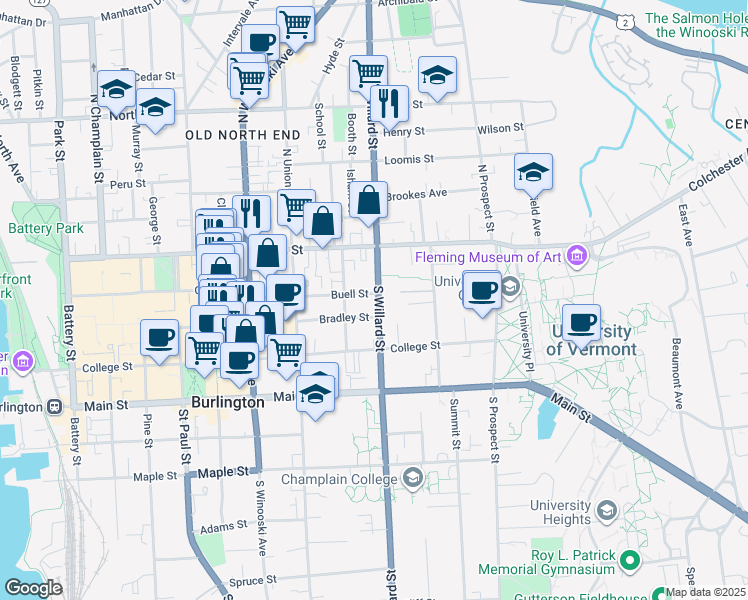 map of restaurants, bars, coffee shops, grocery stores, and more near 41 South Willard Street in Burlington