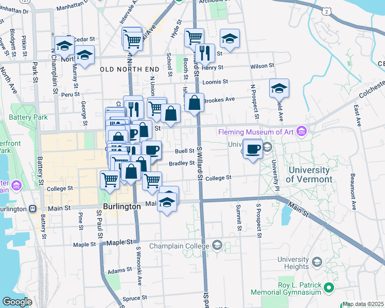 map of restaurants, bars, coffee shops, grocery stores, and more near 41 South Willard Street in Burlington