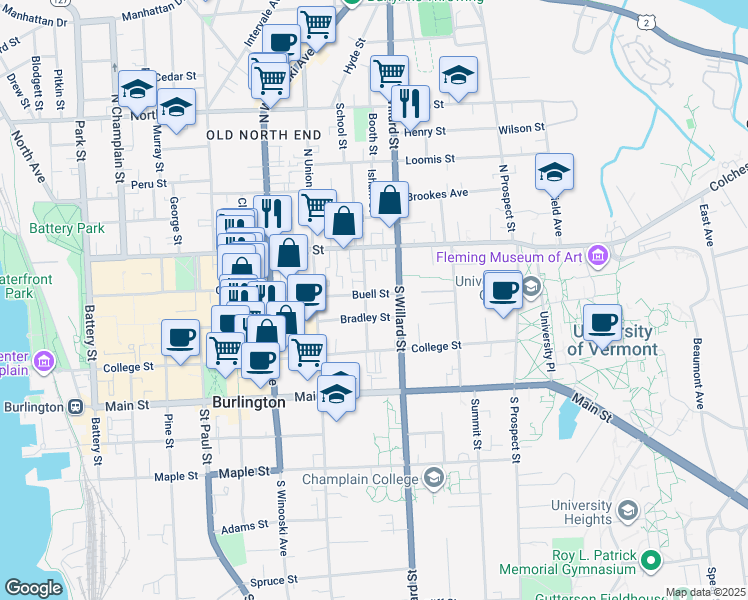 map of restaurants, bars, coffee shops, grocery stores, and more near 41 South Willard Street in Burlington