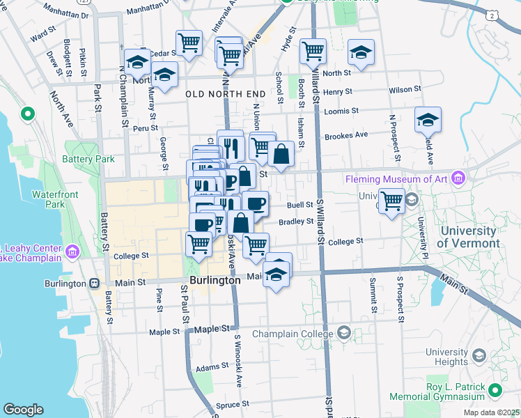 map of restaurants, bars, coffee shops, grocery stores, and more near in Burlington