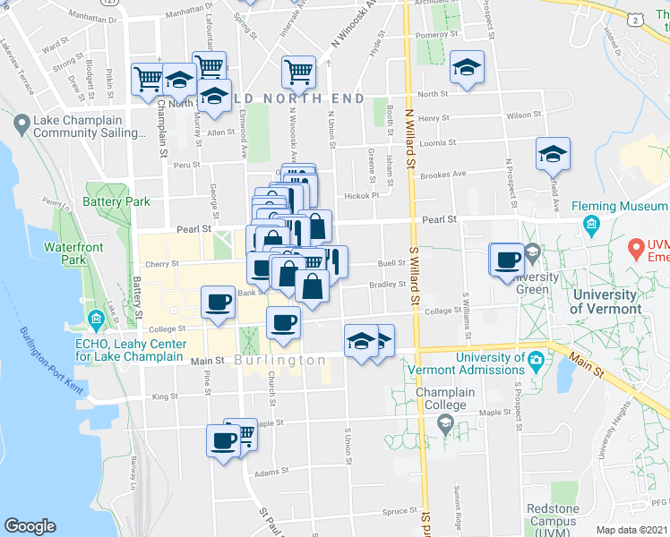 map of restaurants, bars, coffee shops, grocery stores, and more near in Burlington