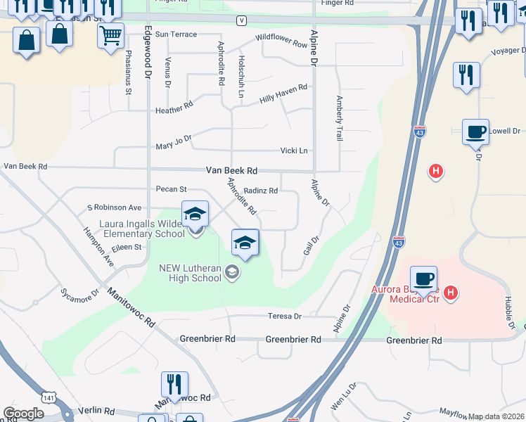 map of restaurants, bars, coffee shops, grocery stores, and more near 2646 Radinz Road in Green Bay