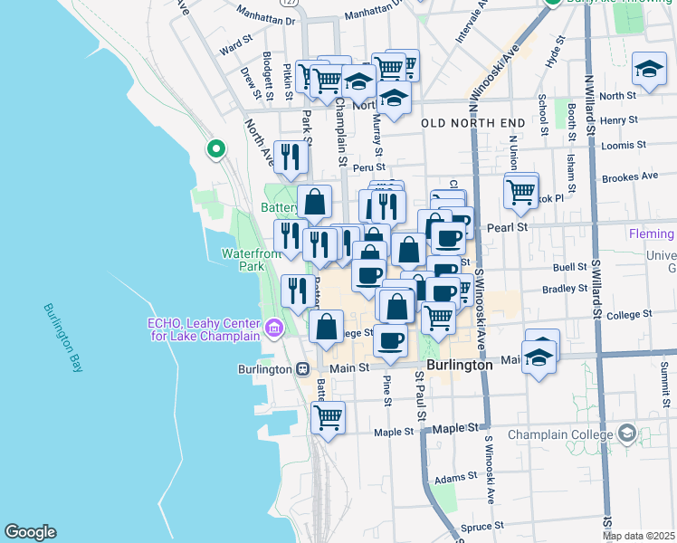 map of restaurants, bars, coffee shops, grocery stores, and more near 41 Cherry Street in Burlington