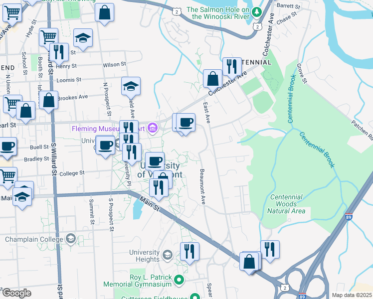 map of restaurants, bars, coffee shops, grocery stores, and more near 111 Colchester Avenue in Burlington