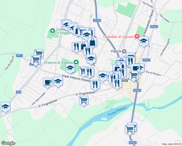 map of restaurants, bars, coffee shops, grocery stores, and more near 447 Via della Pace in Vignola