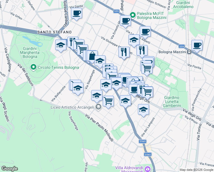 map of restaurants, bars, coffee shops, grocery stores, and more near 103 Via Augusto Murri in Bologna