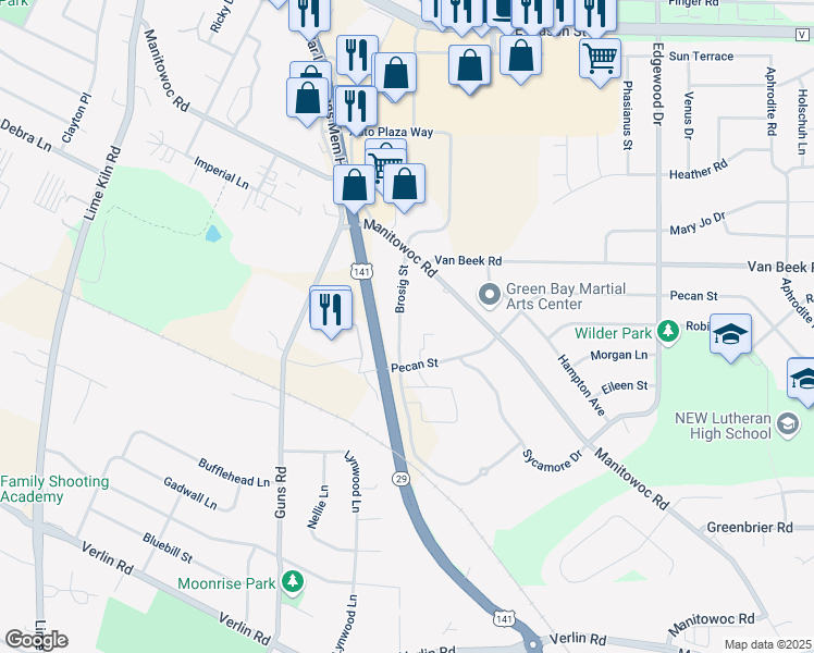 map of restaurants, bars, coffee shops, grocery stores, and more near 1157 Brosig Street in Green Bay