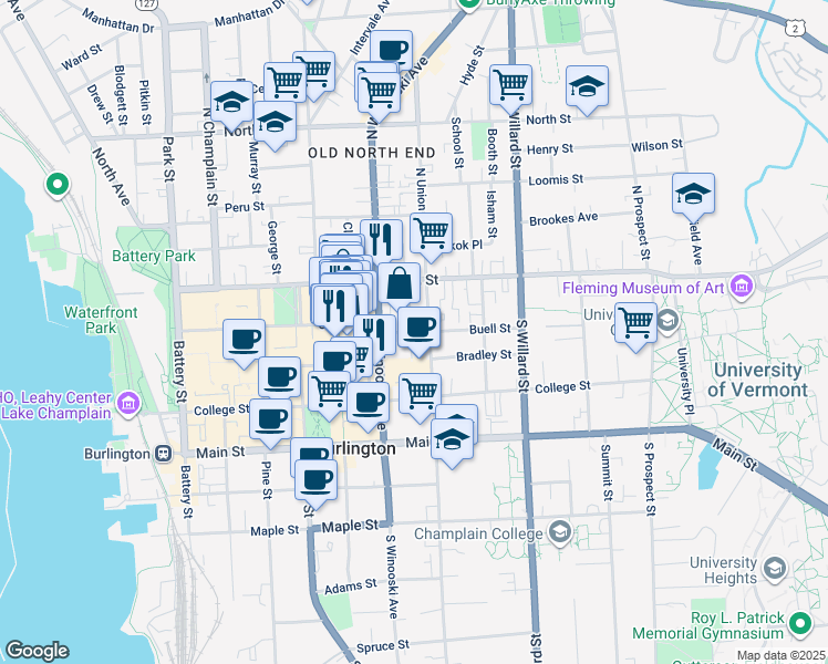 map of restaurants, bars, coffee shops, grocery stores, and more near in Burlington