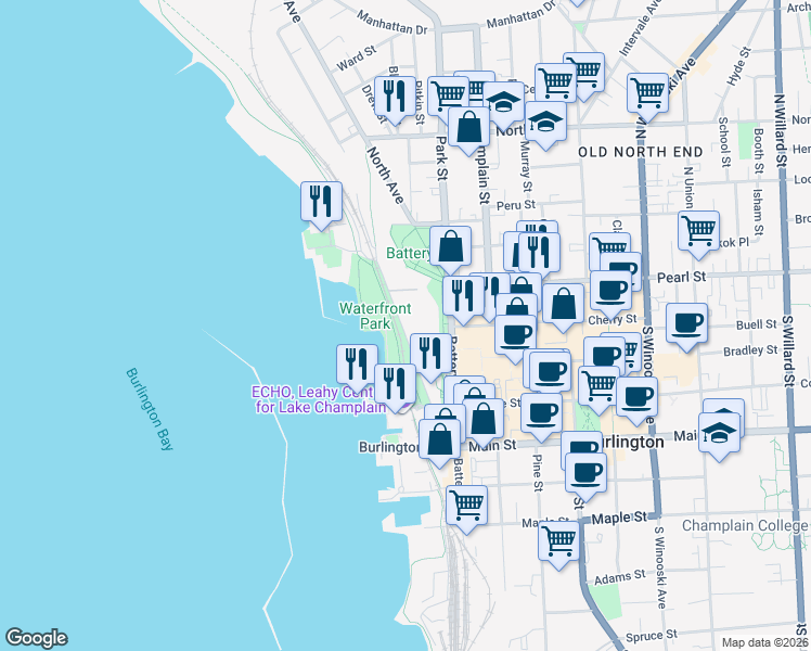 map of restaurants, bars, coffee shops, grocery stores, and more near 200 Lake Street in Burlington