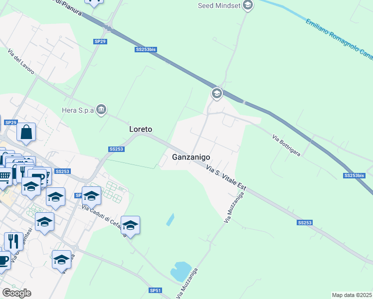 map of restaurants, bars, coffee shops, grocery stores, and more near 638A Via San Vitale Est in Ganzanigo