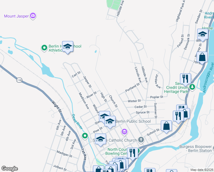 map of restaurants, bars, coffee shops, grocery stores, and more near 404 Church Street in Berlin