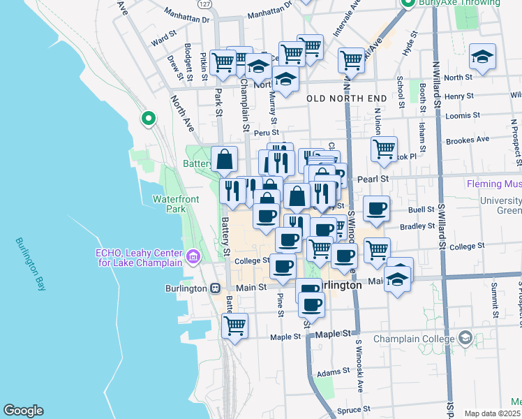 map of restaurants, bars, coffee shops, grocery stores, and more near 41 Cherry Street in Burlington