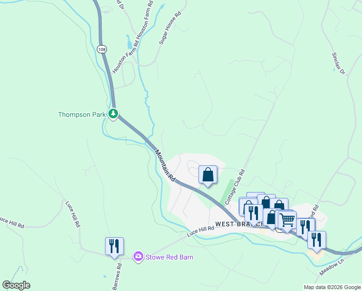 map of restaurants, bars, coffee shops, grocery stores, and more near 2366 Mountain Road in Stowe