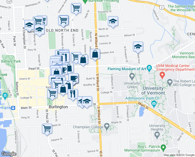 map of restaurants, bars, coffee shops, grocery stores, and more near 245 Buell Street in Burlington