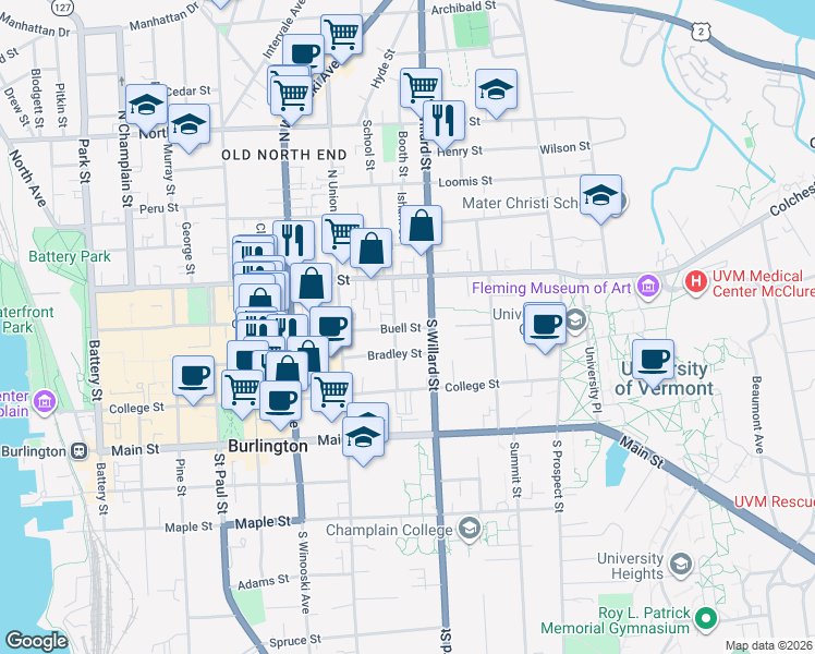 map of restaurants, bars, coffee shops, grocery stores, and more near 41 South Willard Street in Burlington