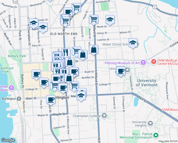 map of restaurants, bars, coffee shops, grocery stores, and more near 37 Hungerford Terrace in Burlington