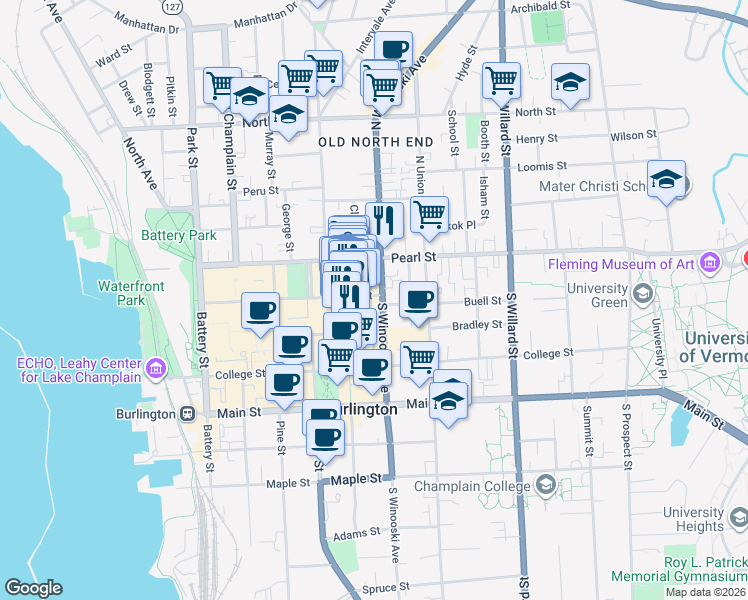 map of restaurants, bars, coffee shops, grocery stores, and more near 150 Cherry Street in Burlington