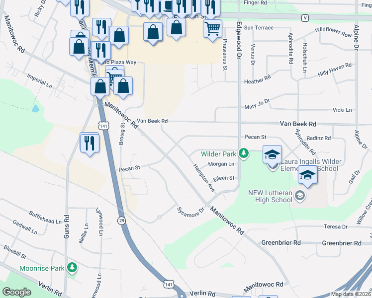 map of restaurants, bars, coffee shops, grocery stores, and more near 2402 Pecan Street in Green Bay