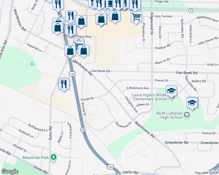 map of restaurants, bars, coffee shops, grocery stores, and more near in Green Bay