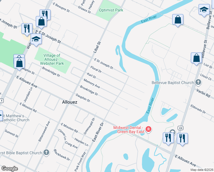 map of restaurants, bars, coffee shops, grocery stores, and more near 636 Karl Street in Green Bay
