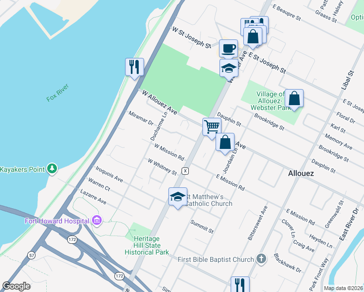 map of restaurants, bars, coffee shops, grocery stores, and more near 117 Miramar Drive in Green Bay