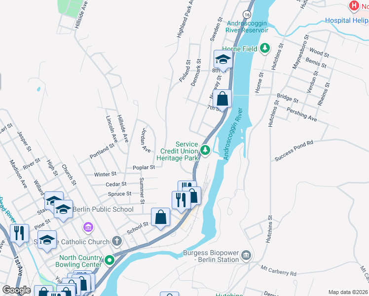 map of restaurants, bars, coffee shops, grocery stores, and more near 111 Maple Street in Berlin