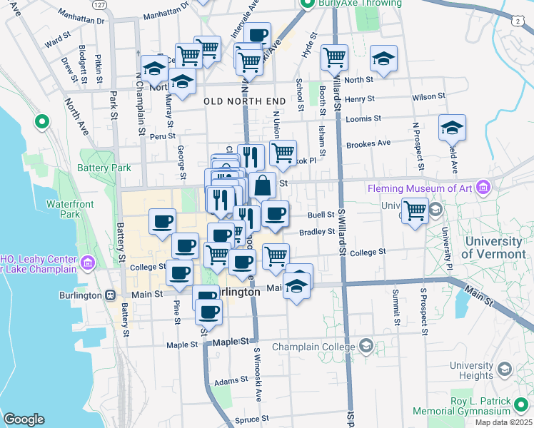 map of restaurants, bars, coffee shops, grocery stores, and more near 28 Buell Street in Burlington