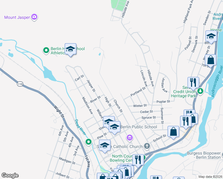 map of restaurants, bars, coffee shops, grocery stores, and more near 404 Church Street in Berlin
