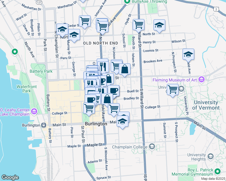 map of restaurants, bars, coffee shops, grocery stores, and more near 36 Buell Street in Burlington