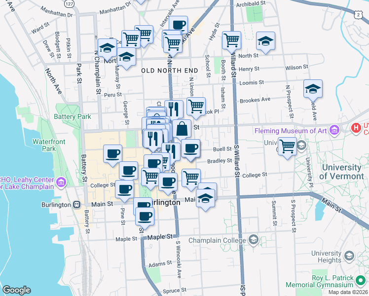 map of restaurants, bars, coffee shops, grocery stores, and more near 24 Buell Street in Burlington