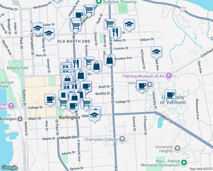 map of restaurants, bars, coffee shops, grocery stores, and more near 41 South Willard Street in Burlington