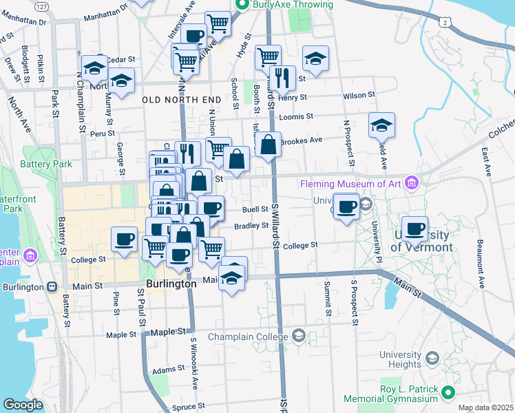 map of restaurants, bars, coffee shops, grocery stores, and more near 41 South Willard Street in Burlington