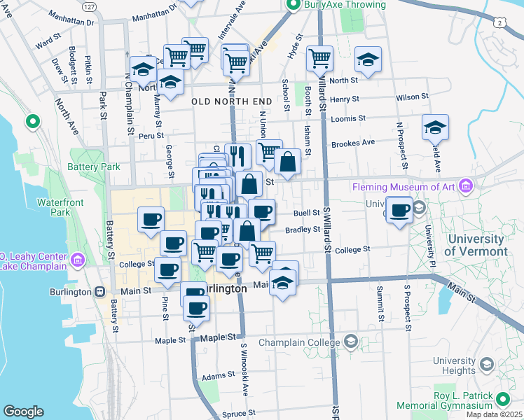 map of restaurants, bars, coffee shops, grocery stores, and more near in Burlington