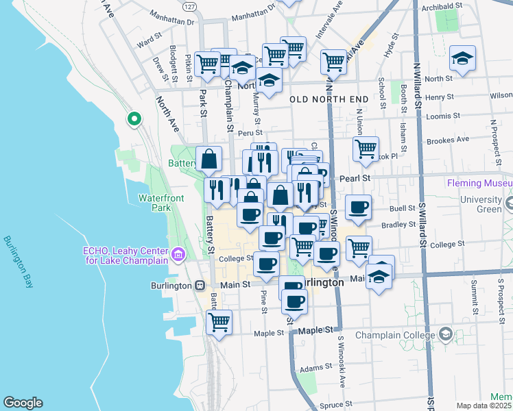 map of restaurants, bars, coffee shops, grocery stores, and more near 50 Cherry Street in Burlington