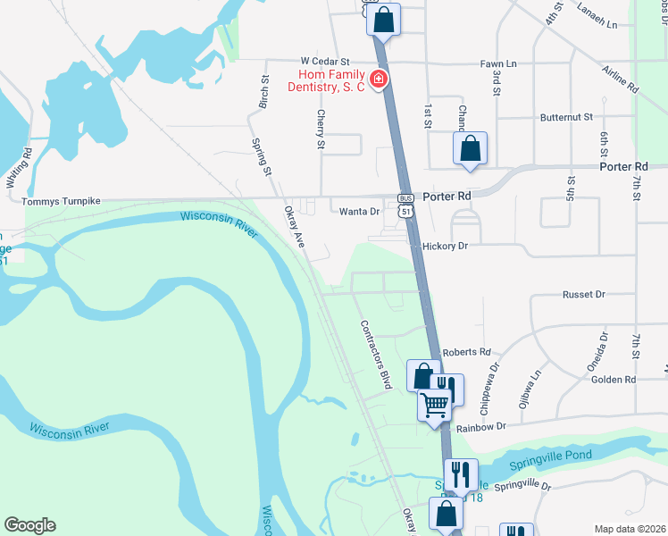 map of restaurants, bars, coffee shops, grocery stores, and more near 1170 Dodds Drive in Plover