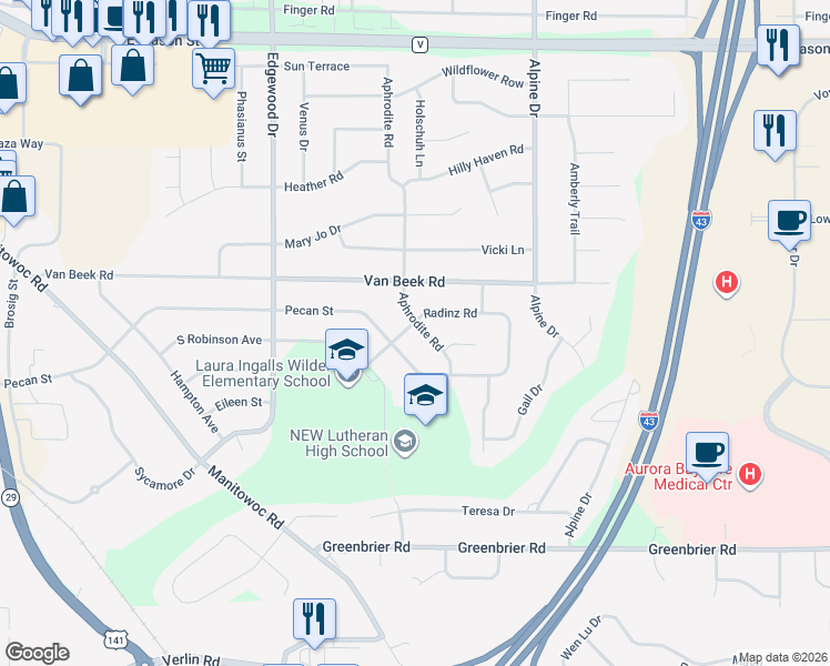map of restaurants, bars, coffee shops, grocery stores, and more near 1150 Aphrodite Road in Green Bay
