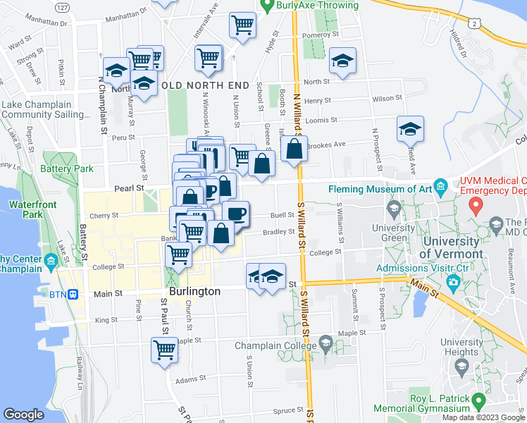 map of restaurants, bars, coffee shops, grocery stores, and more near 84 Buell Street in Burlington