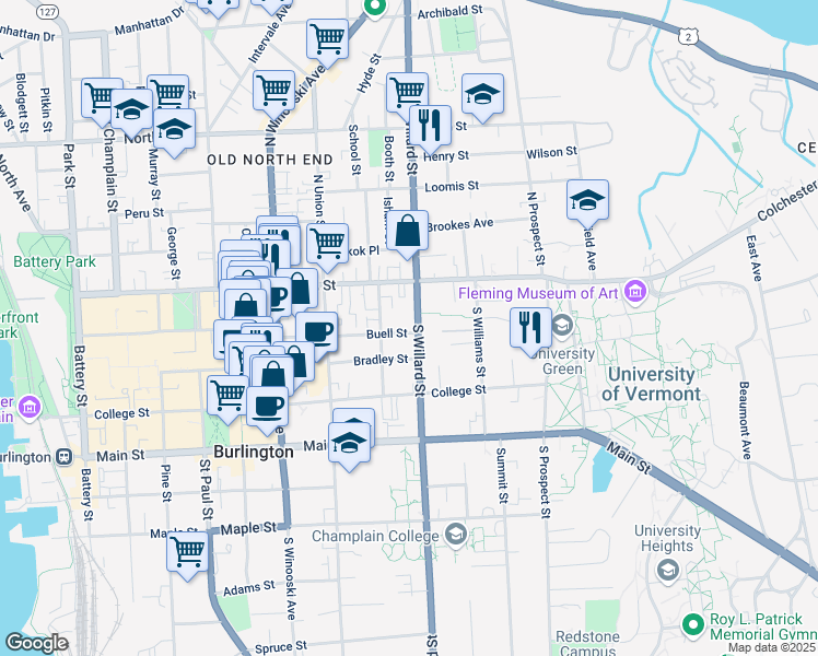 map of restaurants, bars, coffee shops, grocery stores, and more near 134 Buell Street in Burlington