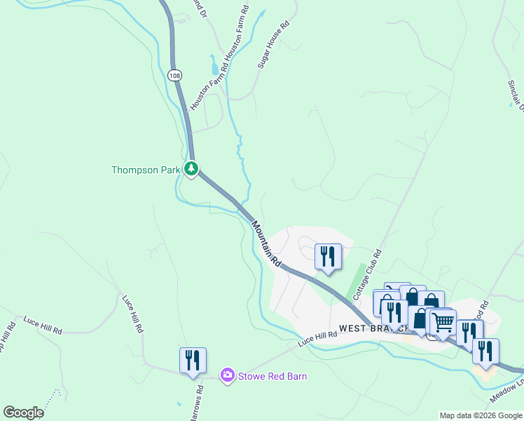 map of restaurants, bars, coffee shops, grocery stores, and more near 2438 Mountain Road in Stowe