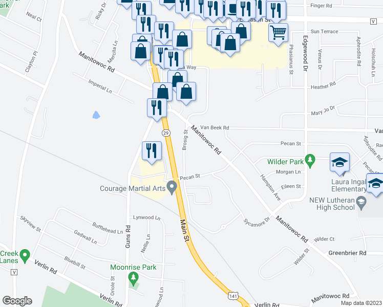 map of restaurants, bars, coffee shops, grocery stores, and more near 1157 Brosig Street in Green Bay