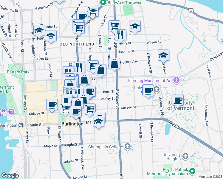 map of restaurants, bars, coffee shops, grocery stores, and more near 120 Buell Street in Burlington